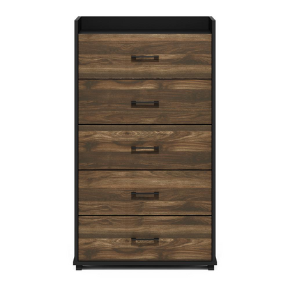 Start2Finish Furinno Tidur bedroom 5-drawer chest dresser in Columbia Walnut and black, featuring modern organization and storage handles.