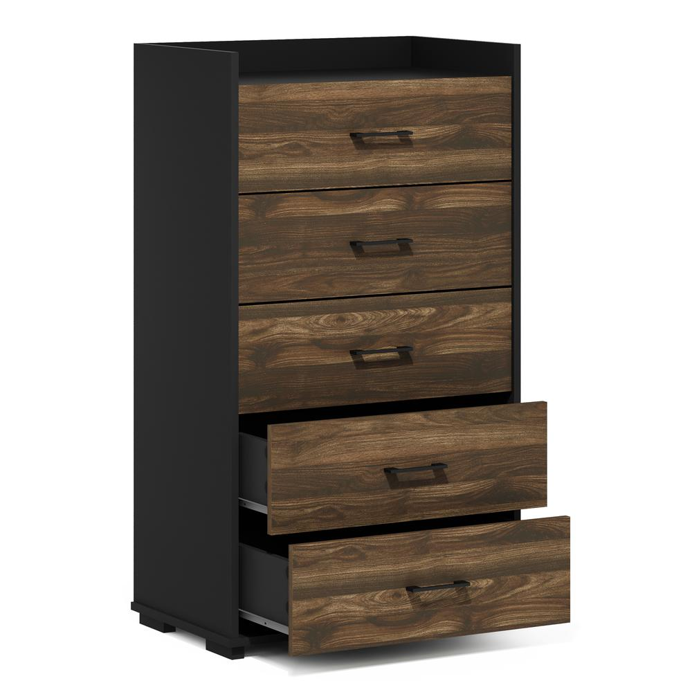 Start2Finish Furinno Tidur bedroom 5-drawer dresser in Columbia Walnut and black, featuring modern organization and storage handles.