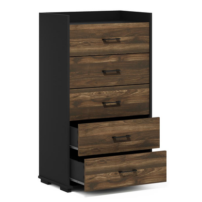 Start2Finish Furinno Tidur bedroom 5-drawer dresser in Columbia Walnut and black, featuring modern organization and storage handles.