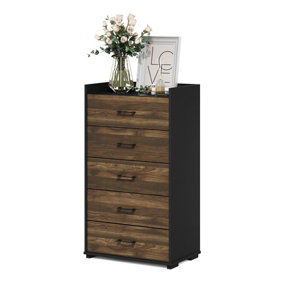 Furinno Tidur modern 5-drawer dresser by Start2Finish in Columbia Walnut and black, featuring sleek handles and spacious bedroom storage.