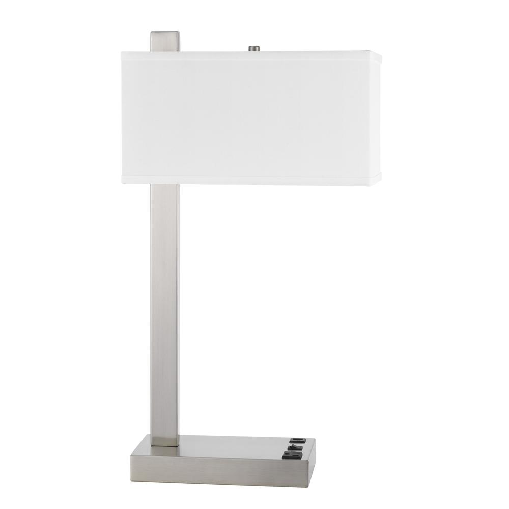 Start2Finish Drancy metal desk lamp with integrated power outlet and USB charging port, featuring a modern lighting design.