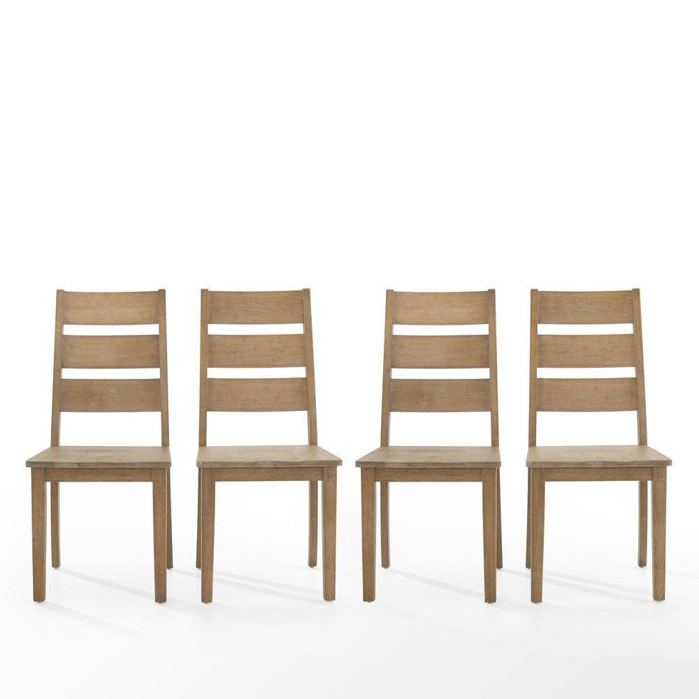 Set of four Joanna ladder-back dining chairs by Start2Finish with wooden seats and curved ladder-back design.