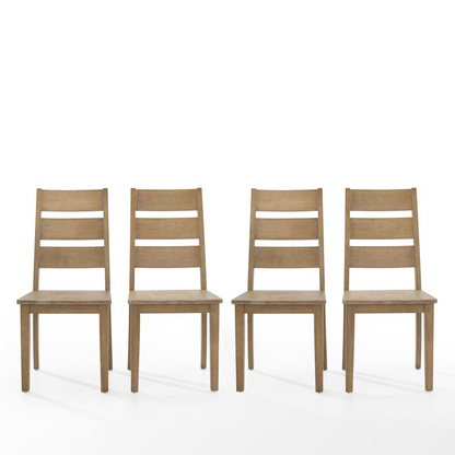 Set of four Joanna ladder-back dining chairs by Start2Finish with wooden seats and curved ladder-back design.