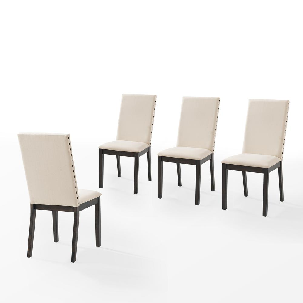 Set of four upholstered dining chairs from Start2Finish, with cushioned seats and wooden legs, perfect for modern dining rooms.
