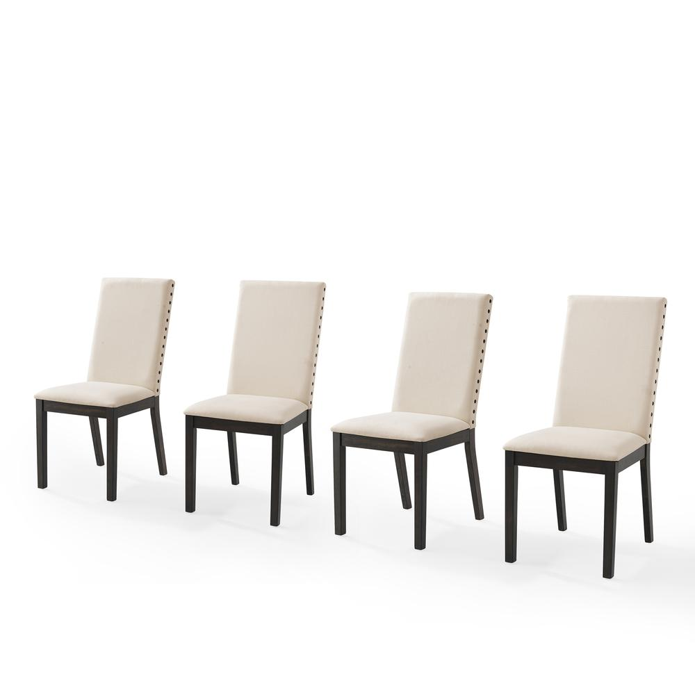 Set of four upholstered dining chairs from Start2Finish Hayden 4-piece dining chair set, featuring plush fabric and wooden legs.