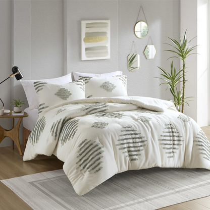 Start2Finish 3-piece cotton blend chenille comforter set with textured fabric and coordinating pillow shams on a bed.