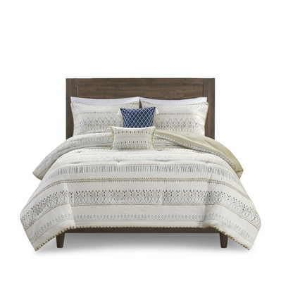 Start2Finish 5-piece printed seersucker bedding set with matching throw pillows showing blue and white seersucker pattern and cozy comforter