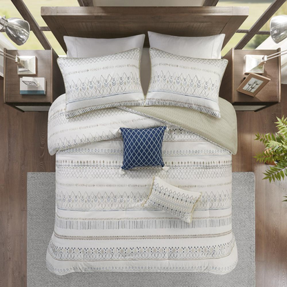 Start2Finish 5-piece printed seersucker bedding comforter set with matching throw pillows, showcasing a stylish, textured design.