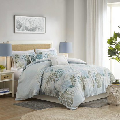 Start2Finish 5-piece cotton duvet cover set with matching throw pillow, showing soft, white bedding and decorative pillow design.