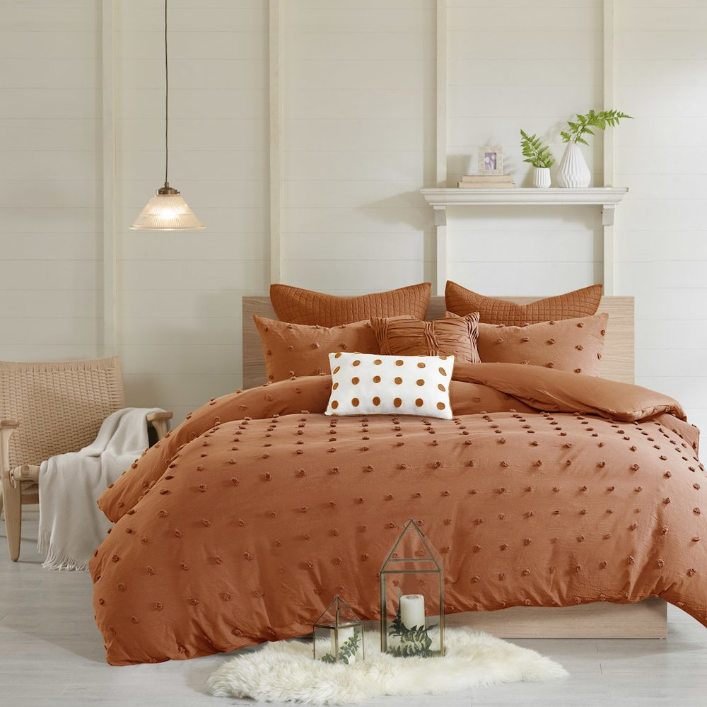 Cotton jacquard duvet cover set with euro shams and throw pillows, featuring intricate patterns and soft, luxurious bedding from Start2Finish.