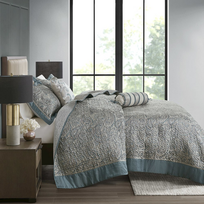 Start2Finish 5-piece Jacquard bedspread set with matching throw pillows, featuring intricate woven pattern in neutral tones.