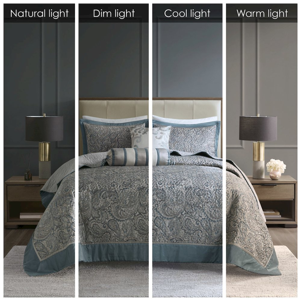 Start2Finish 5-piece jacquard bedspread set with matching throw pillows, featuring intricate woven patterns and decorative accents.