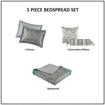 Start2Finish 5-piece Jacquard bedspread set with matching throw pillows, featuring intricate woven patterns and decorative accents.