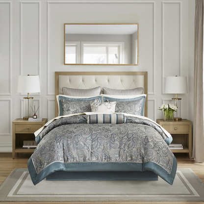 Start2Finish 12-piece bedding set with comforter and cotton bed sheets, showcasing soft, coordinated bedding and pillow accents.