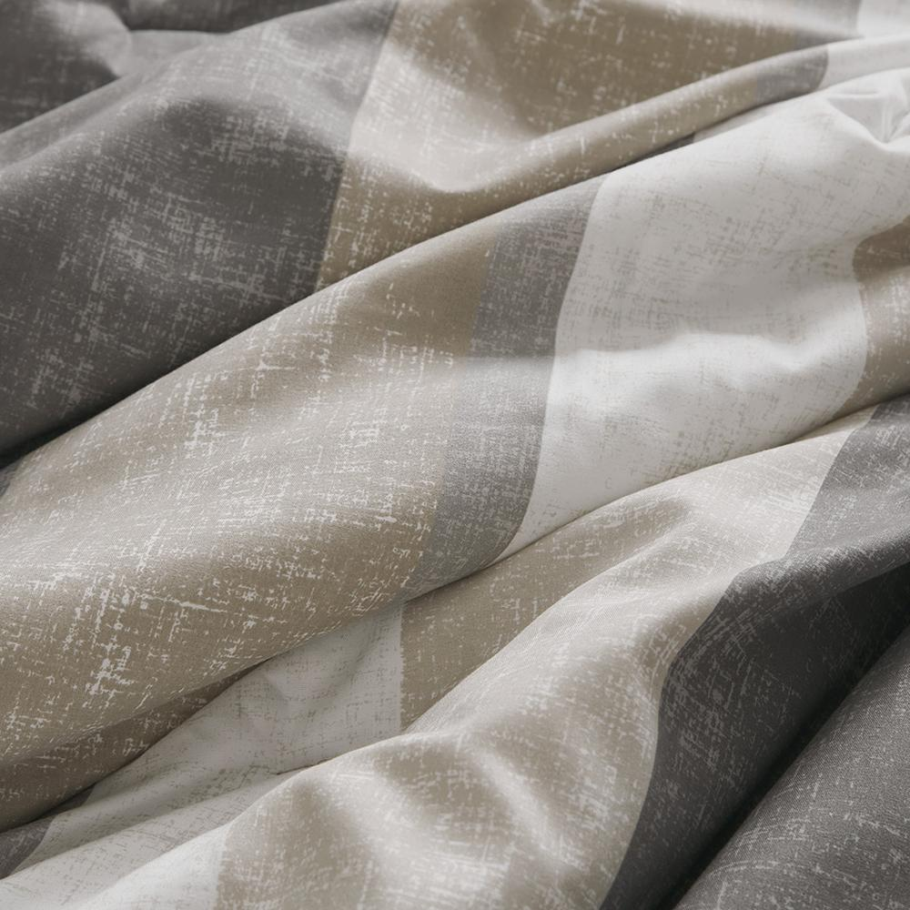 Start2Finish Jaxon Stripe Comforter Set with taupe and grey bed sheets, featuring a cozy, striped bedding design.