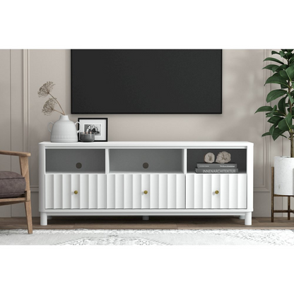 White Stapleton TV console from Start2Finish featuring a modern furniture design with open shelving and storage compartments.