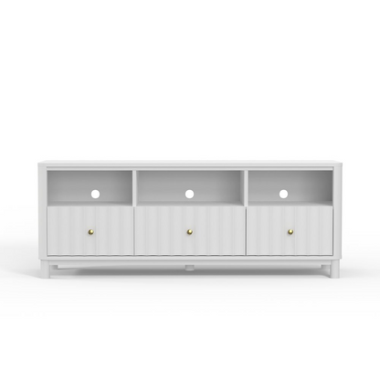White Stapleton TV console by Start2Finish, modern furniture piece with open shelving and storage compartments.
