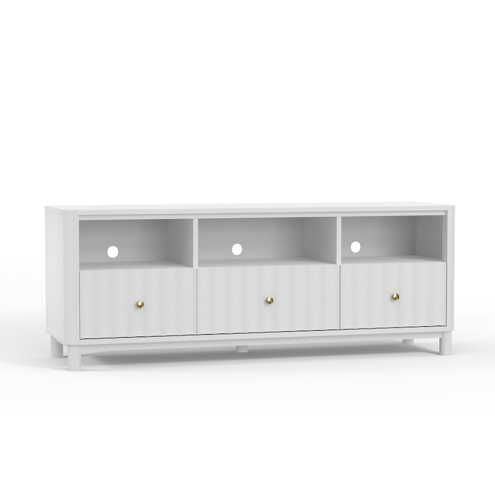 White Stapleton TV console by Start2Finish, modern furniture with open shelves and storage cabinets for living room.
