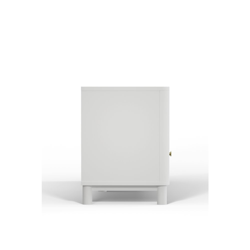 White Stapleton TV console by Start2Finish featuring a modern design with open shelving and storage compartments for media devices.