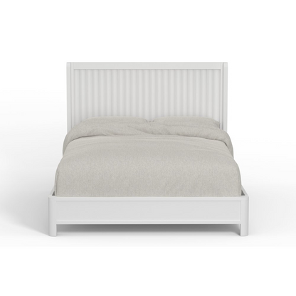 White Stapleton Queen Panel Bed by Start2Finish, showcasing a modern wooden bed frame with clean lines and a panel headboard.