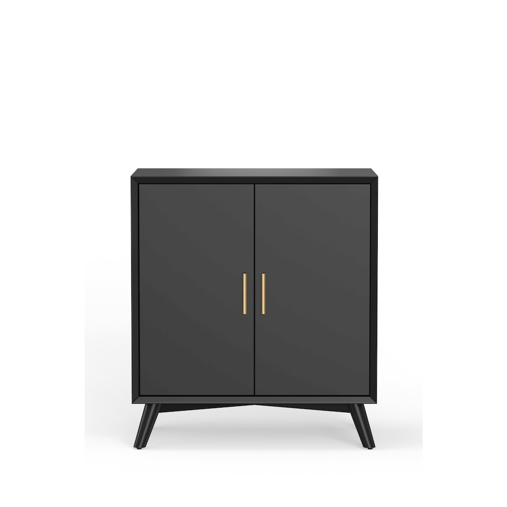 Flynn small black bar cabinet from Start2Finish, showcasing sleek furniture design with closed storage and a modern finish.