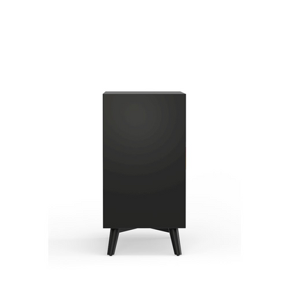 Black Flynn small bar cabinet by Start2Finish, showcasing a sleek, modern furniture piece with doors and storage space.