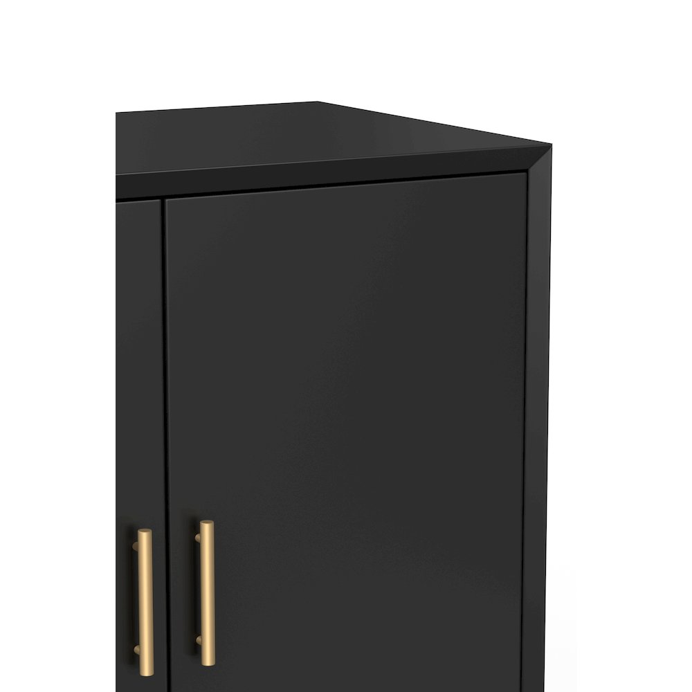 Small black Flynn bar cabinet by Start2Finish, featuring a compact furniture design with doors and storage space.