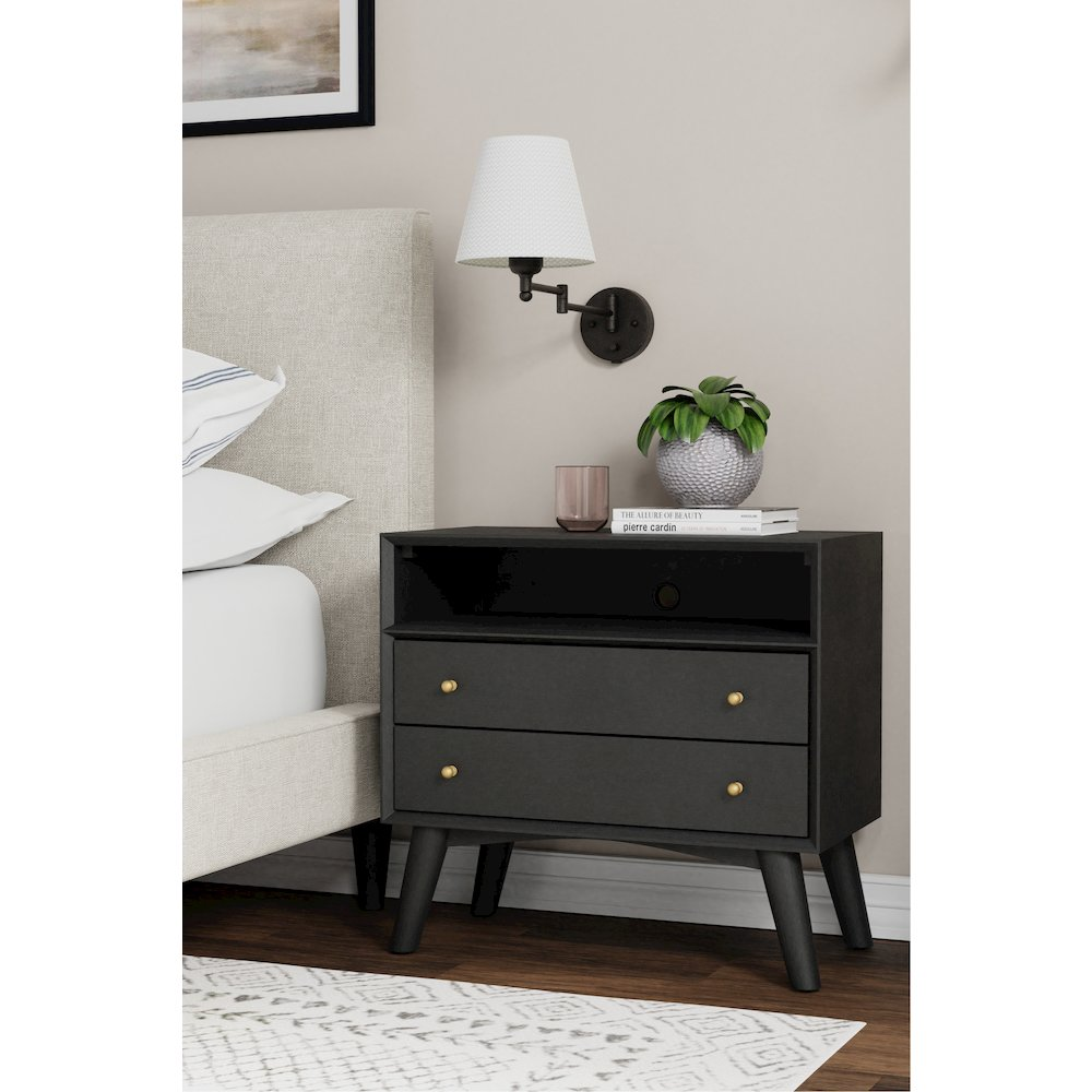 Flynn large black nightstand by Start2Finish showing a modern bedside table with a drawer and open shelf in a sleek black finish.