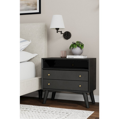 Flynn large black nightstand by Start2Finish showing a modern bedside table with a drawer and open shelf in a sleek black finish.