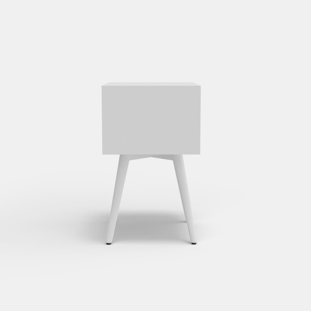 Flynn small white nightstand from Start2Finish, featuring a compact wooden furniture design with a single drawer and open shelf.