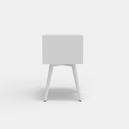 Flynn small white nightstand from Start2Finish, featuring a compact wooden furniture design with a single drawer and open shelf.