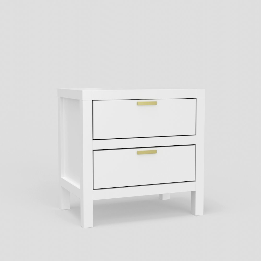 White Carmel 2 Drawer Nightstand from Start2Finish, showcasing sleek furniture design with two spacious drawers and modern style.
