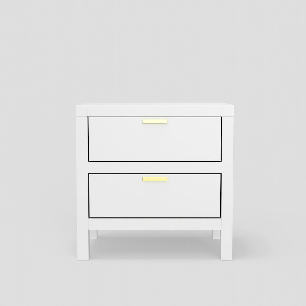 White Carmel 2 drawer nightstand by Start2Finish, showcasing smooth surface and modern furniture design with drawer handles.