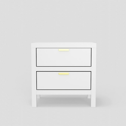 White Carmel 2 drawer nightstand by Start2Finish, showcasing smooth surface and modern furniture design with drawer handles.