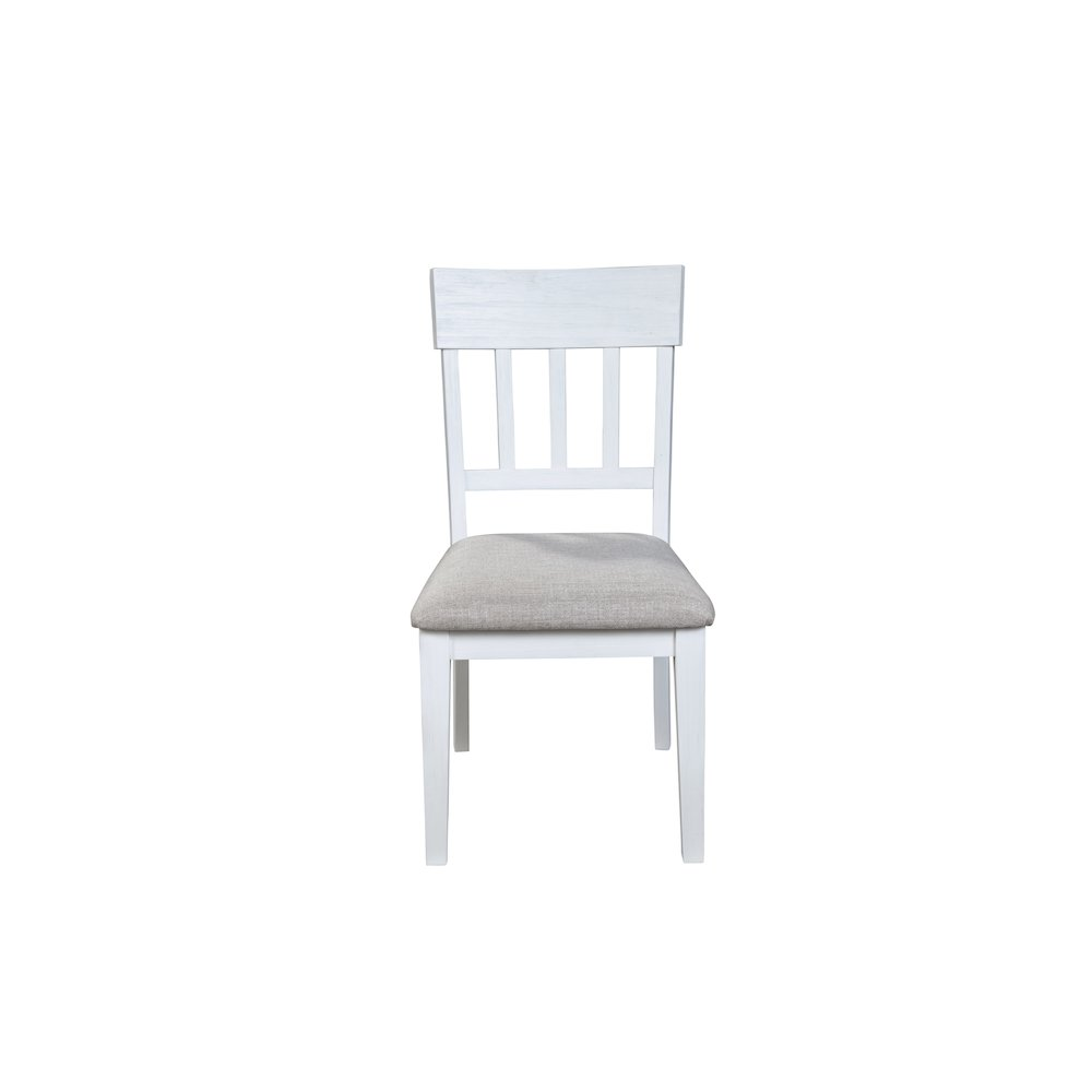 Pair of white Donham side chairs by Start2Finish, featuring modern design with wooden legs and cushioned seats.