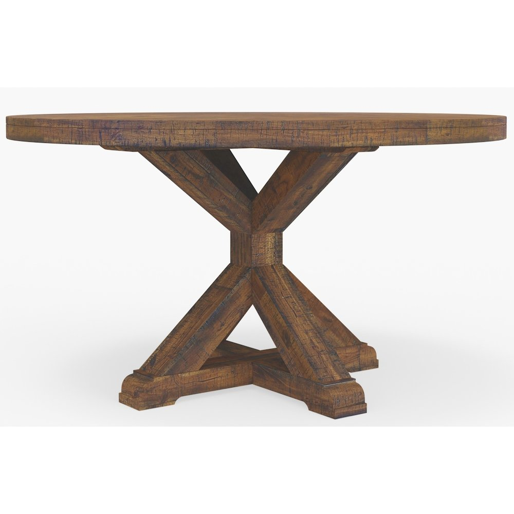Medium brown Newberry Round Dining Table by Start2Finish, showing the smooth wooden surface and sturdy round legs.