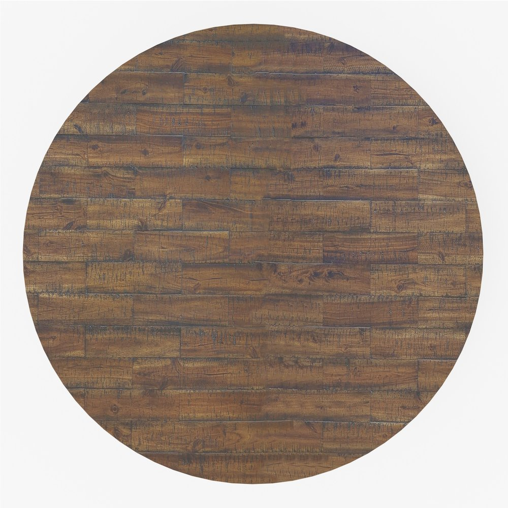 Medium brown Newberry round dining table by Start2Finish, showing a wooden furniture piece with a smooth circular tabletop and sturdy legs.