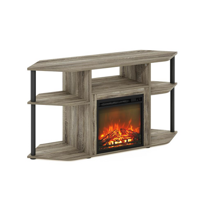 Start2Finish open storage corner fireplace TV entertainment center for 55-inch TVs, featuring shelves and a built-in electric fireplace.