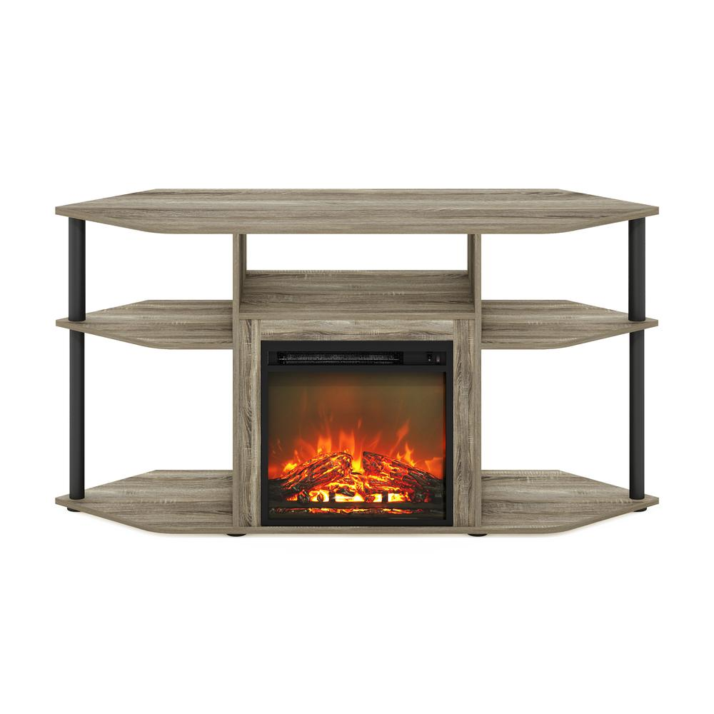 Start2Finish open storage corner fireplace TV entertainment center for 55-inch TVs, featuring shelves and a built-in electric fireplace.