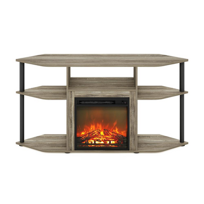Start2Finish open storage corner fireplace TV entertainment center for 55-inch TVs, featuring shelves and a built-in electric fireplace.
