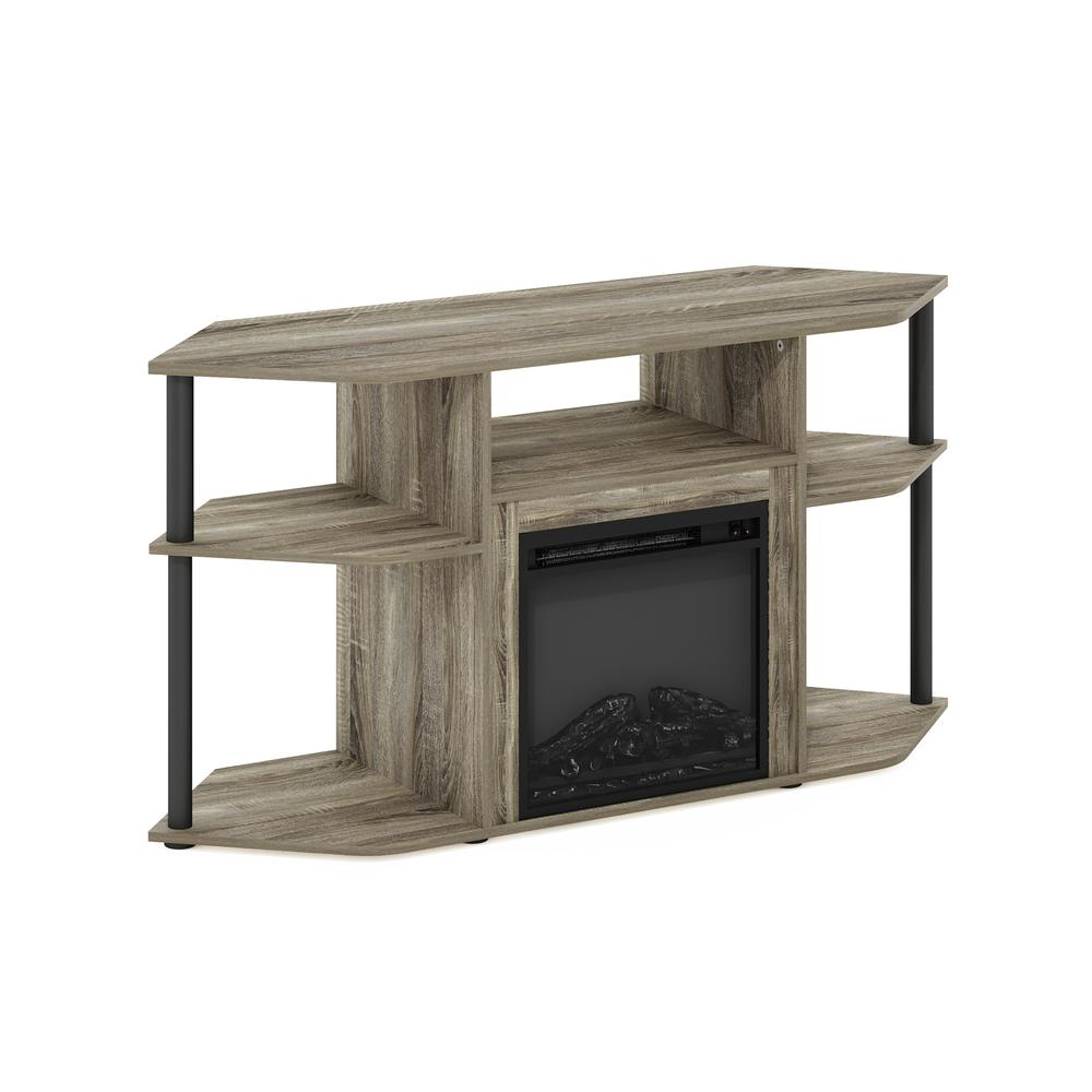 Start2Finish open storage corner fireplace TV entertainment center for 55-inch TVs, featuring shelves and a cozy fireplace insert.