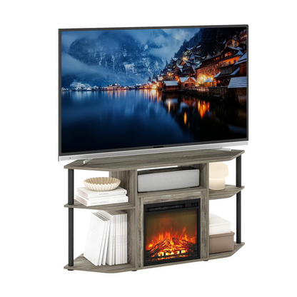 Start2Finish open storage corner fireplace TV entertainment center for 55-inch TVs, featuring shelves and a built-in fireplace unit.