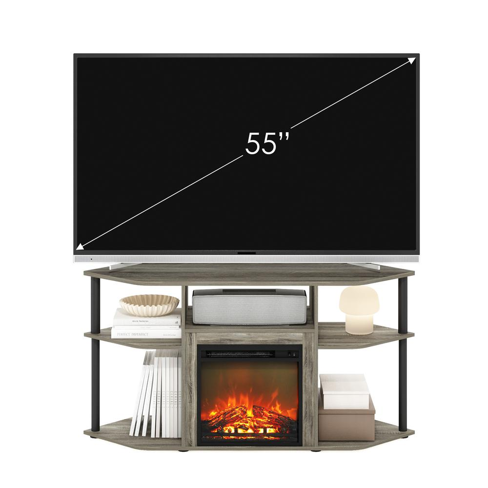 Start2Finish open storage corner fireplace TV entertainment center with space for 55-inch TV, featuring shelves and a built-in fireplace.