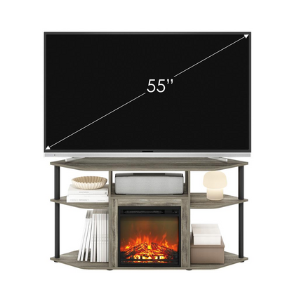 Start2Finish open storage corner fireplace TV entertainment center with space for 55-inch TV, featuring shelves and a built-in fireplace.