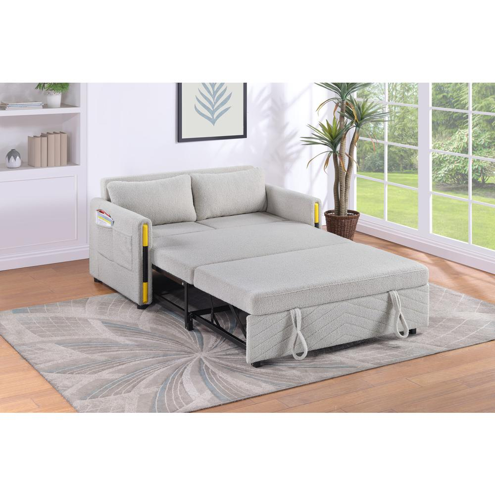 Beige teddy velvet sleeper loveseat with side pockets by Start2Finish, featuring plush fabric and cozy, casual design.