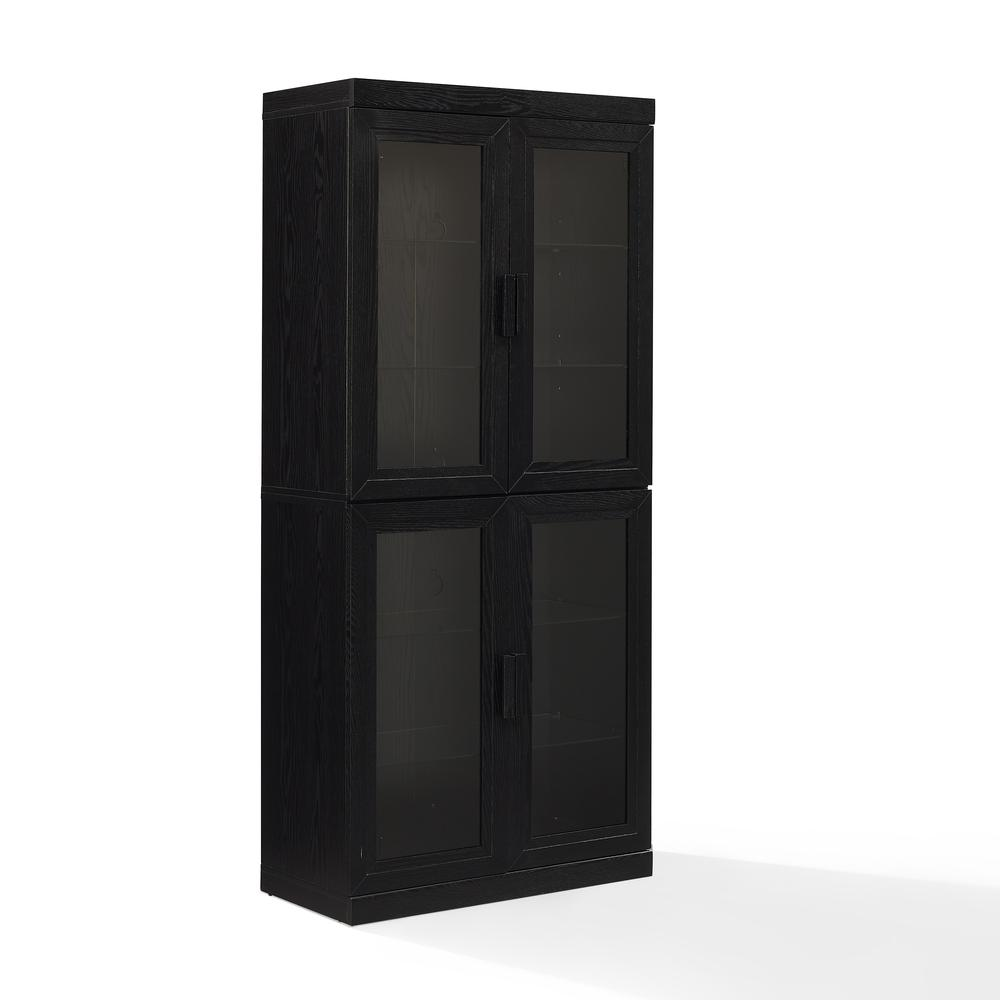 Start2Finish Essen glass door kitchen pantry storage cabinet with clear glass panels and wooden shelves for organized kitchen storage.