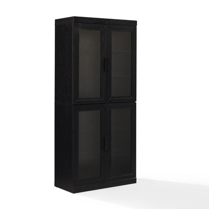 Start2Finish Essen glass door kitchen pantry storage cabinet with clear glass panels and wooden shelves for organized kitchen storage.