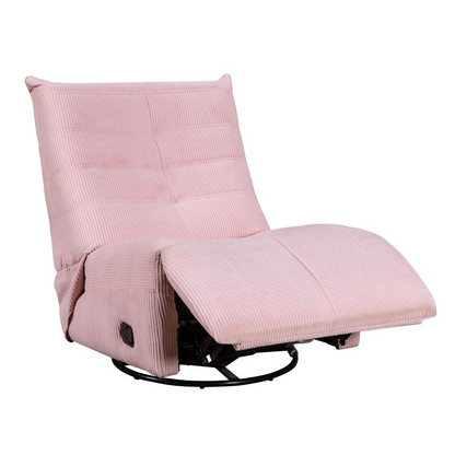 Pink corduroy swivel glider recliner by Start2Finish, showing plush fabric, rounded armrests, and a comfortable reclining design.