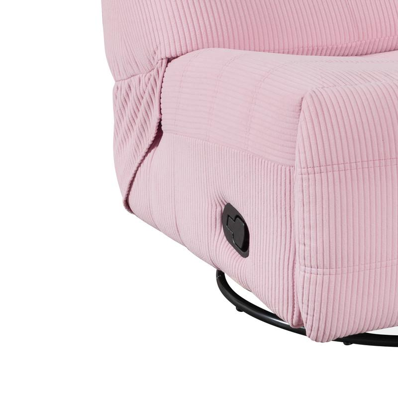 Pink corduroy swivel glider recliner chair from Start2Finish, showing a plush, comfortable furniture piece with a rounded back and armrests.