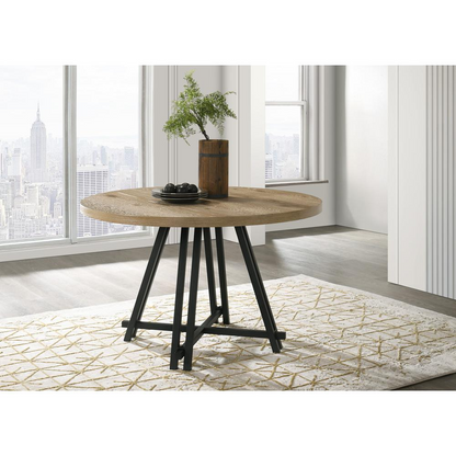 Round oak finish dining table with a metal base, 47 inches in diameter, by Start2Finish.